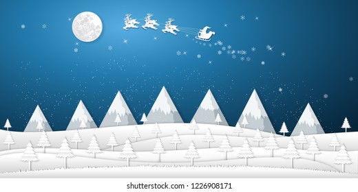 Paper art , cut and digital craft style of Santa Claus on Sleigh and Reindeers in the snow pine forest in the winter background as holiday and x'mas day concept. vector illustration.