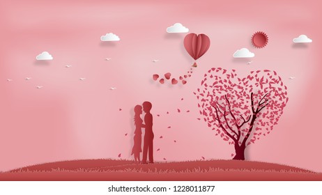 Paper art , cut and digital craft style of the lover with heart hot air balloon and sunny on pink sky background as romantic , married and honeymoon concept. vector illustration