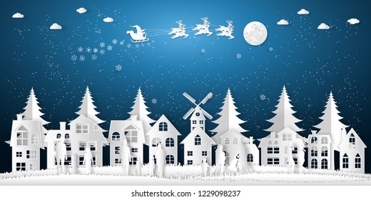 Paper art , cut and digital craft style of Santa Claus on Sleigh and Reindeer , People come out to celebrate merry christmas in the winter background as holiday and x'mas concept. vector illustration.