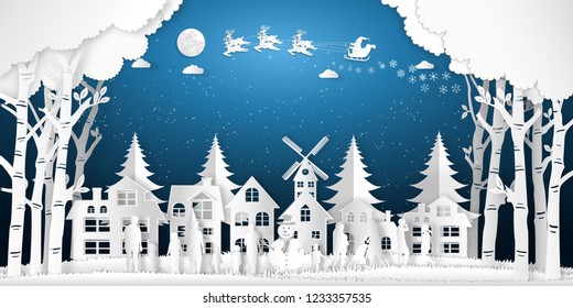 Paper art, cut and digital craft style of anta Claus on Sleigh and Reindeer with Children party and enjoy in the merry christmas night as holiday and x'mas day concept. vector illustration.