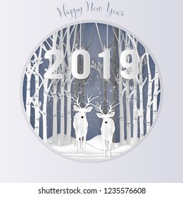 Paper art , cut and digital craft style of Deer in ther forest with snow and snowflakes as Merry Christmas day and Happy New Year 2019 concept. vector illustration