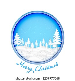 Paper art , cut and digital craft style of Deers in the forest pine with snow as Hello Winter , Merry Christmas day and Happy New Year concept. vector illustration