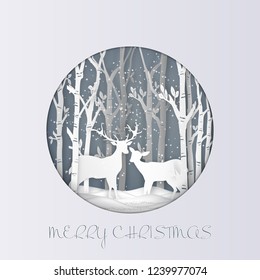Paper art , cut and digital craft style of Deers in the forest with snow as Hello Winter , Merry Christmas day and Happy New Year concept. vector illustration