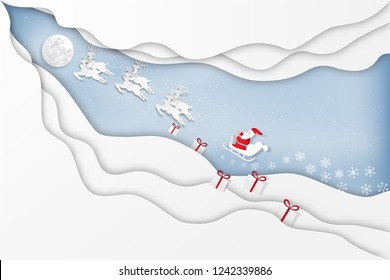Paper art , cut and digital craft style of Santa Claus on Sleigh, Reindeer  in the winter season  and snow on blue sky as Merry Christmas and Happy New Year 2019 concept. vector illustration