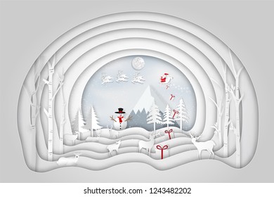 Paper art , cut and digital craft layer style of Santa Claus on Sleigh and Reindeer in the snow village and snowman in the winter background as holiday and merry christmas or x'mas day concept. vector