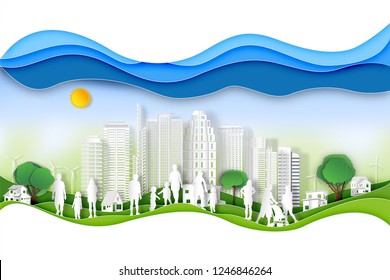 Paper art , cut digital craft style of green cityscape with peoples exercise and relax in the morning on summer, fresh air in park or outdoor as nature, healthy concept. vector illustration