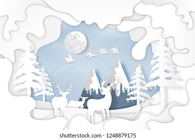 Paper art , cut and digital craft layer style of Santa Claus on Sleigh and Reindeer in snow village and deers in winter background as holiday and merry christmas or x'mas concept. vector illustration.
