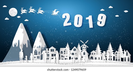 Paper art , cut and digital craft style of Santa Claus on Sleigh and Reindeer , People celebrate merry christmas in the winter background as x'mas and Happy New Year concept. vector illustration.