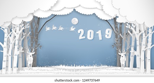 Paper art , cut and digital craft style of Santa Claus on Sleigh and Reindeer and deers in winter forest background as merry christmas , x'mas and Happy New Year concept. vector illustration.