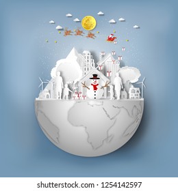 Paper art , cut and digital craft style of Santa Claus on Sleigh and Reindeer with family party in the merry christmas night as holiday and x'mas day concept. vector illustration.