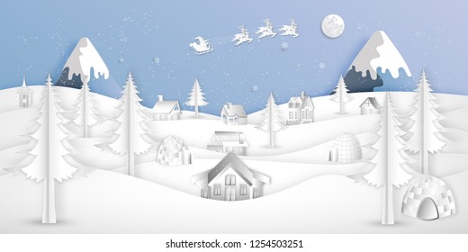 Paper art, cut and digital craft style of Santa Claus on Sleigh and Reindeer over village in the merry christmas night and  happy new year as holiday and x'mas day concept. vector illustration.
