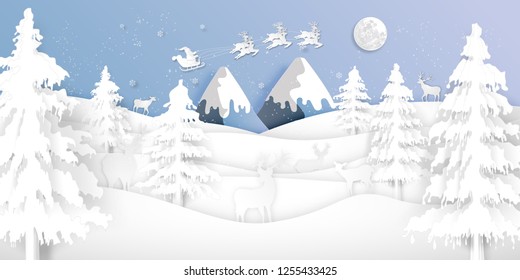 Paper art , cut and digital craft style of Santa Claus on Sleigh and Reindeer with deers in the merry christmas night and  happy new year as holiday and x'mas day concept. vector illustration.