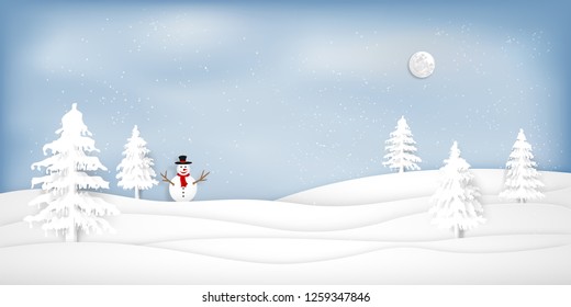 Paper art , cut and digital craft style of Snow and winter season with snowman and christmas tree as merry christmas and happy new year concept. Vector illustration.