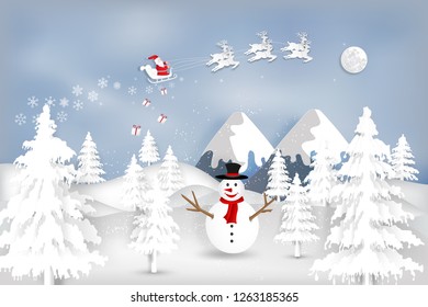 Paper art, cut and digital craft style of Santa Claus on Sleigh and Reindeer with snowman in the merry christmas night and  happy new year 2019 as holiday and x'mas day concept. vector illustration.