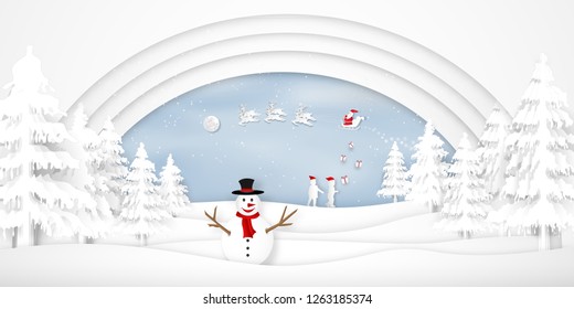 Paper art, cut and digital craft style of anta Claus on Sleigh and Reindeer with Children party and enjoy in the merry christmas night as x'mas and happy new year concept. vector illustration.