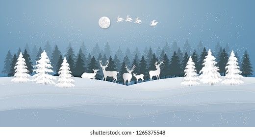 Paper art , cut and digital craft style of Santa Claus on Sleigh and Reindeer with deers in the merry christmas night and  happy new year as holiday and x'mas day concept. vector illustration.