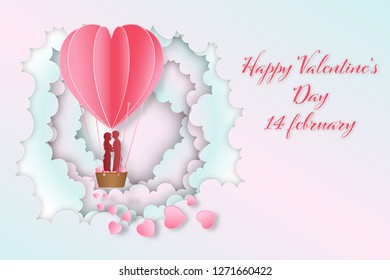Paper art , cut and digital craft style of Lover in the hot air heart balloon on pink pastel clouds layer background as love ,  wedding and happy valentine's day concept. vector illustration.
