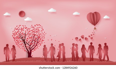 Paper art , cut and digital craft style of the lover with heart hot air balloon and sunny on pink sky background as romantic , married and honeymoon concept. vector illustration