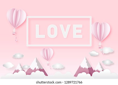 Paper art , cut and digital craft style of the lover in hot air heart balloon on pink sky and sunny as love, happy valentine's day and wedding concept. vector illustration.