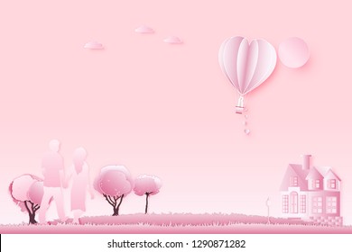 Paper art , cut and digital craft style of the lover with heart hot air balloon and sunny on pink sky background as romantic , married and honeymoon concept. vector illustration
