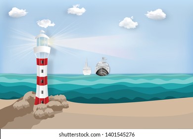 Paper art , cut and digital craft style of lighthouse tower and boats on sea and sunny in the morning as communication , transportation and journey concept. vector illustration