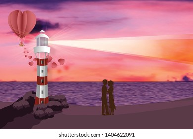 Paper art, cut and digital craft style of lovers with heart hot air balloon and lighthouse in the twilight background. Romantic honeymoon concept. vector illustration