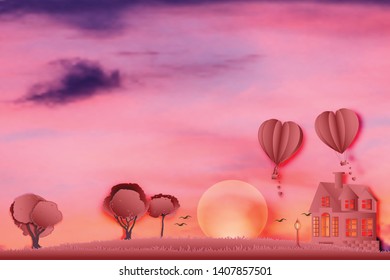 Paper art , cut and digital craft style of the lover with heart hot air balloon and sunny on pink sky background as romantic , married and honeymoon concept. vector illustration