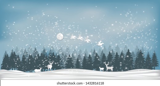 Paper art , cut and digital craft style of Santa Claus on Sleigh and Reindeer with deers in the merry christmas night and  happy new year as holiday and x'mas day concept. vector illustration.