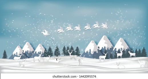 Paper art , cut and digital craft style of Santa Claus on Sleigh and Reindeer with deers in the merry christmas night and  happy new year as holiday and x'mas day concept. vector illustration.