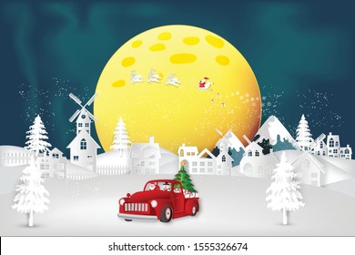 Paper art, cut and digital craft style of Santa Claus and snowman in red car in the merry christmas night and  happy new year 2020 as holiday and x'mas day concept. vector illustration.