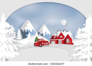 Paper art, cut and digital craft style of Santa Claus and snowman in red car in the merry christmas night and  happy new year 2020 as holiday and x'mas day concept. vector illustration.