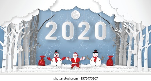 Paper art, cut and digital craft style of anta Claus on Sleigh and Reindeer with 2020 label in the merry christmas night and happy new year 2020 as holiday and x'mas day concept. vector illustration.