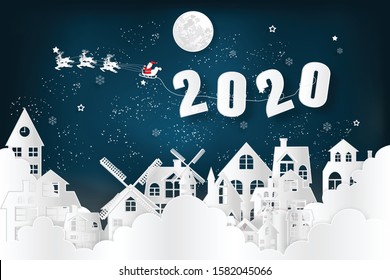 Paper art , cut and digital craft style of Santa Claus on Sleigh and Reindeer over snow city clouds and merry christmas in winter background as holiday and x'mas day concept. vector illustration.