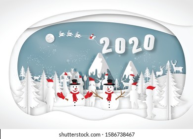 Paper art, cut and digital craft style of anta Claus on Sleigh and Reindeer with Children party and enjoy in the merry christmas night as x'mas and happy new year concept. vector illustration.