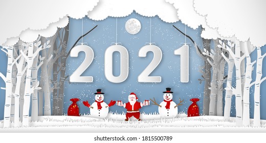 Paper art, cut and digital craft style of anta Claus on Sleigh and Reindeer with 2021 label in the merry christmas night and happy new year 2020 as holiday and x'mas day concept. vector illustration.