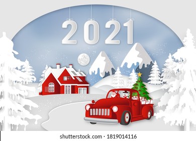 Paper art, cut and digital craft style of Santa Claus on Sleigh and Reindeer with snowman in the merry christmas night and  happy new year 2021 as holiday and x'mas day concept. vector illustration.