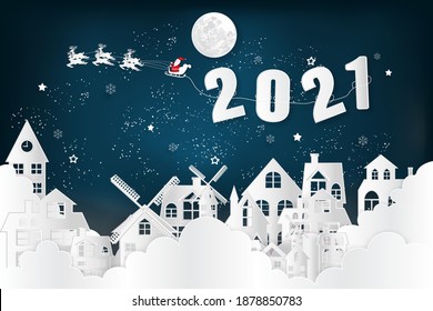 Paper art , cut and digital craft style of Santa Claus on Sleigh and Reindeer over snow city clouds and merry christmas in winter background as holiday and x'mas day concept. Happy New Year 2021.