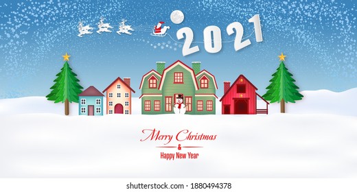 Paper art, cut and digital craft style of Santa Claus on Sleigh and Reindeer with snowman in the merry christmas night and  happy new year 2021 as holiday and x'mas day concept. vector illustration.