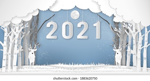 Paper art, cut and digital craft style of reindeers and year 2021 label in happy new year 2021 as holiday and x'mas day concept. vector illustration.