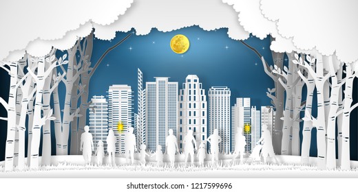 Paper art and cut of landscape of peoples exercise and relax in the night city, fresh air in the park as nature, healthy, craft style concept. vector illustration.