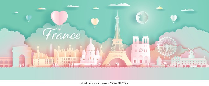 Paper Art, paper cut, Origami, Postcard And Poster, France Colorful Architecture, Travel Landmarks with Love Balloons for Advertising, Wallpaper, Tour Paris with Panorama View Capital Colorful.