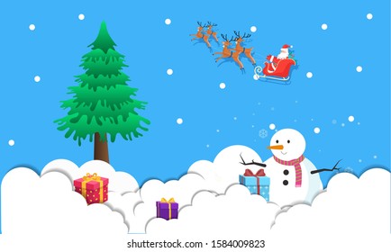 Paper art cut out background graphics business offer with garland lights, houses, snowman.