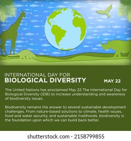 Paper art and cut out concept for International Day for Biological Diversity. May 22. Brief history and objective of holiday. Dedicated to increase understanding and awareness of biodiversity issues.