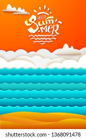 Paper art cut out orange sky background with clouds, sea waves, sand beach and Summer hand lettering. Vector illustration for hot web or print banner.