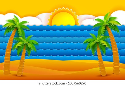 Paper art cut out style summer landscape with blue sea waves, sand and palms. Retro vector illustration. Sun and clouds in the hot sky, mountains. Tropic nature background.