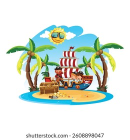 Paper art cut out style landscape with sea waves, inland , palms, sun, clouds and butterflies. Retro Raster illustration. Tropic nature and ocean resort background.