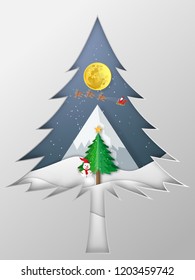Paper art and cut of Santa Claus on Sleigh and Reindeers in the snow winter and merry christmas background as digital craft style , holiday and x'mas day concept. vector illustration.