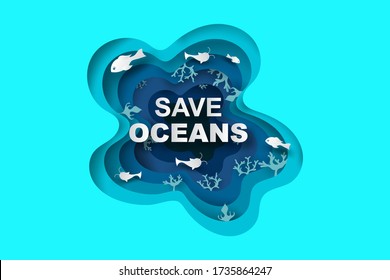 Paper art and cut style concept of World Oceans Day. Celebration dedicated to help protect sea earth and conserve water ecosystem. Blue tone origami craft paper of sea waves. fish and plants under sea