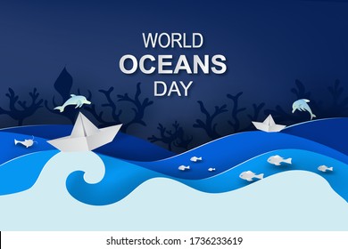 Paper art and cut style concept of World Oceans Day. Celebration dedicated to help protect sea earth and conserve water ecosystem. Blue tone origami craft paper of sea waves. Paper boat on sea