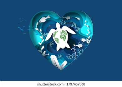 Paper art and cut style concept of World Oceans Day. Celebration dedicated to help protect sea earth and conserve water ecosystem. Blue tone origami craft paper of sea waves. fish and plants under sea